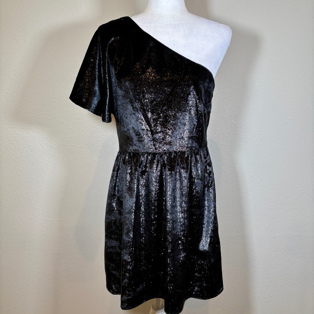 7 For All Mankind One-Shoulder Black Metallic Velour Mini Dress Size Medium